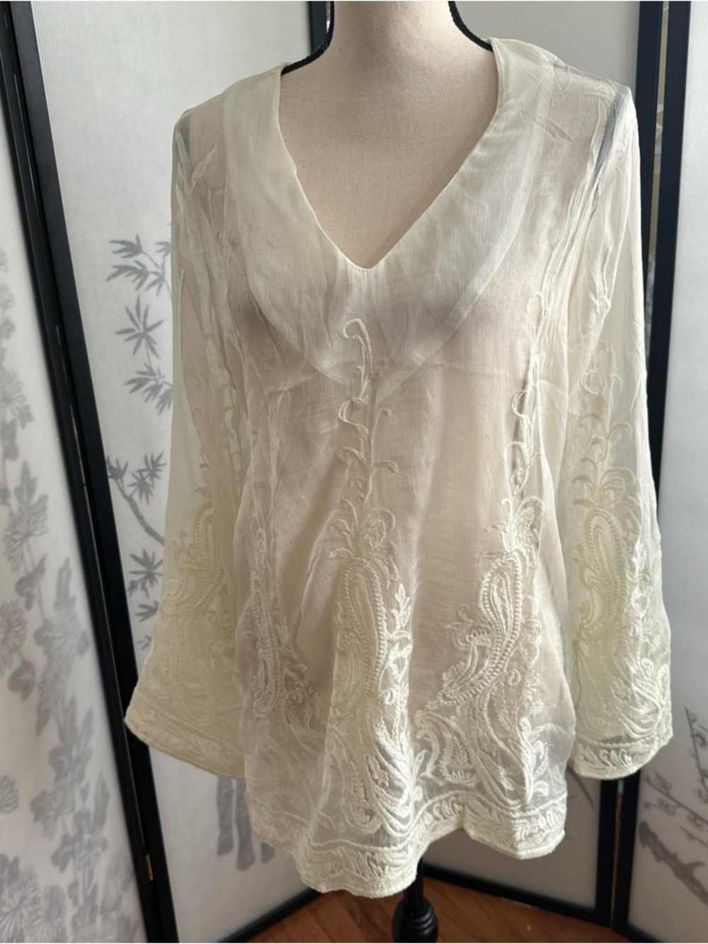 Light Ivory Embroidered V-Neck Tunic Top